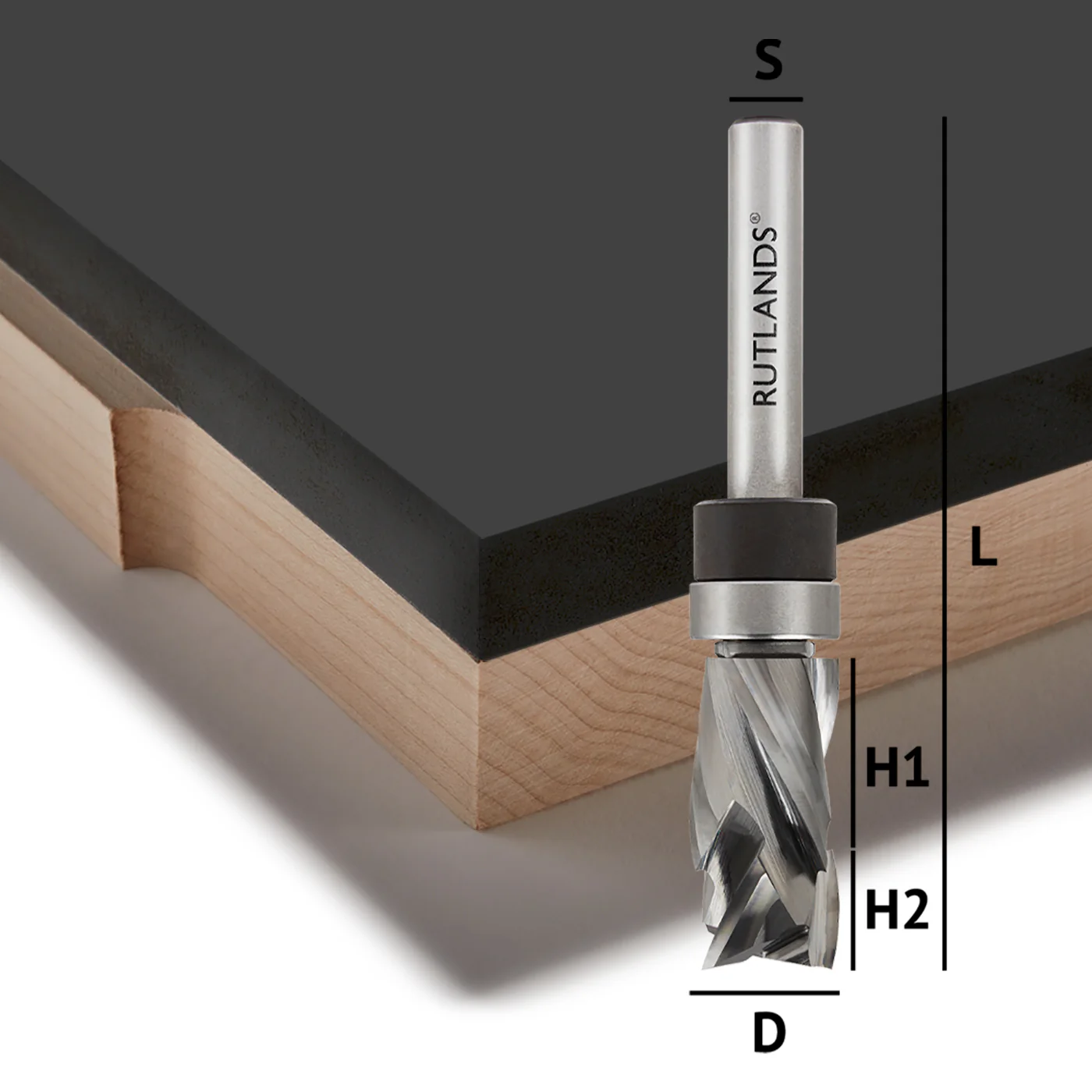 Solid Carbide Router Bit - Spiral Compression Top Bearing - D=12.7mm H1=16mm H2=9.5mm L=71mm S=1/4"